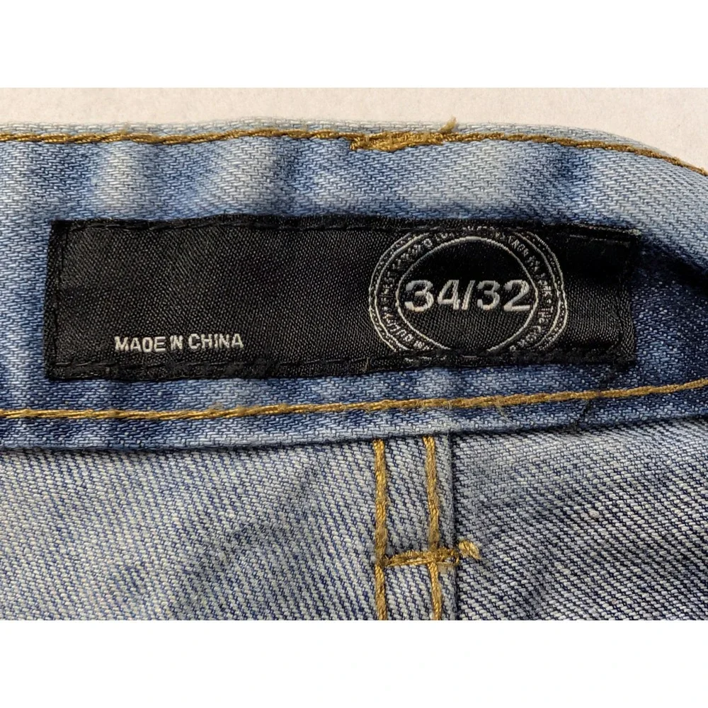 Finest Threads NY Mens Biker Jeans 34 x 32 Studded Zipper Distressed Blue